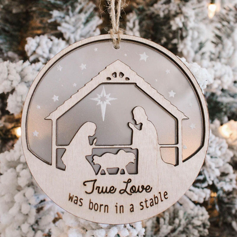 8 см дървени висящи орнаменти за Коледа Исус Серия Направи си сам двуслойни занаяти Изрезки за коледно дърво Висящи орнаменти Етикет за подарък