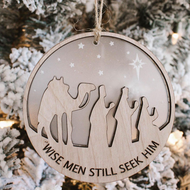 8 см дървени висящи орнаменти за Коледа Исус Серия Направи си сам двуслойни занаяти Изрезки за коледно дърво Висящи орнаменти Етикет за подарък