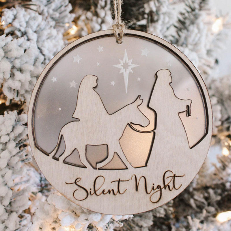 8 см дървени висящи орнаменти за Коледа Исус Серия Направи си сам двуслойни занаяти Изрезки за коледно дърво Висящи орнаменти Етикет за подарък