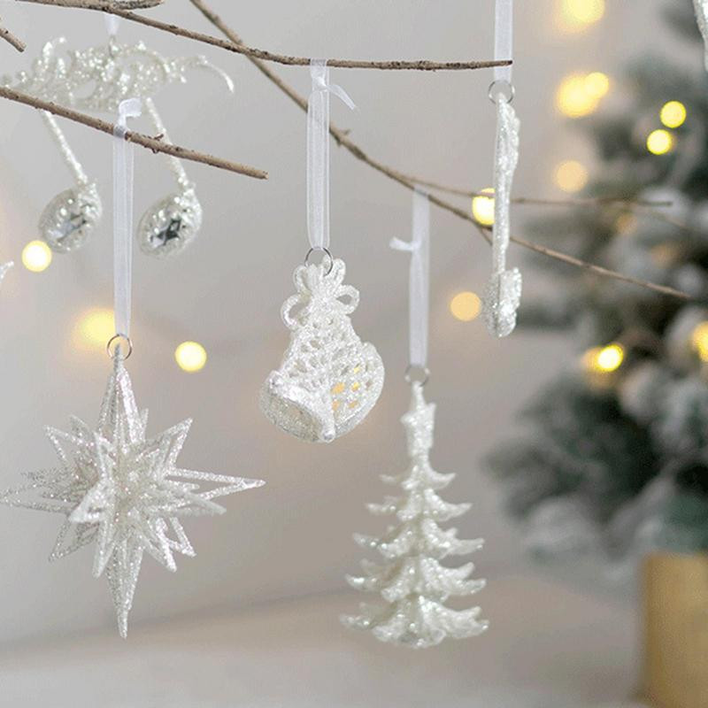 Бели орнаменти за коледно дърво Блестящи орнаменти за коледно дърво за декор Ангел Момиче Камбанка Pentagr Малки висулки Декорации Подарък