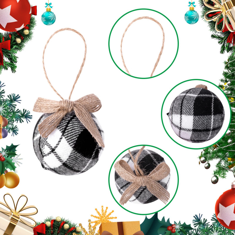 Биволска карирана топка от плат - 5 см Коледни топки от чул от плат Рустикални топки Орнаменти с панделка за украса за коледно дърво