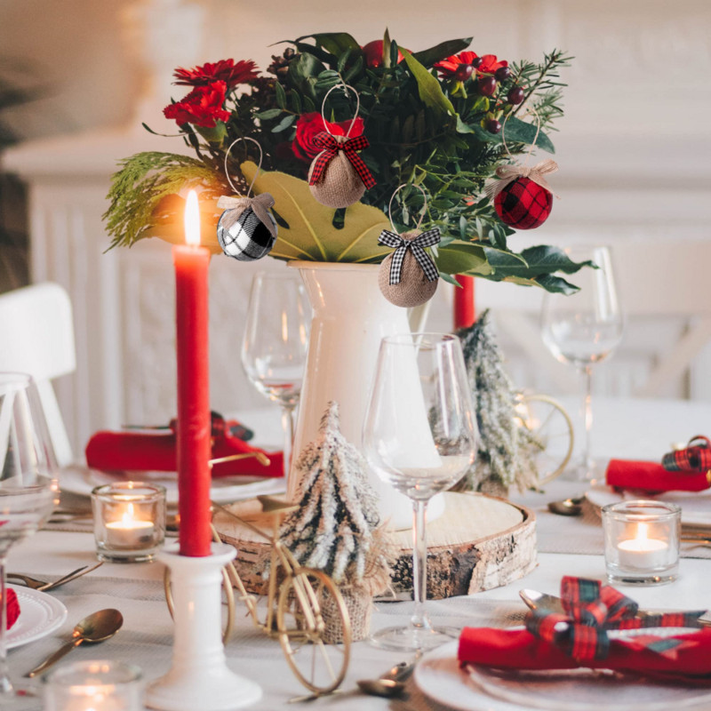 Биволска карирана топка от плат - 5 см Коледни топки от чул от плат Рустикални топки Орнаменти с панделка за украса за коледно дърво