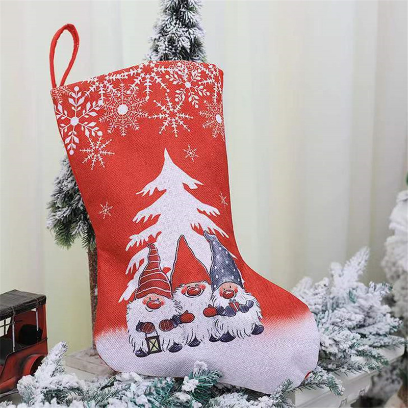 Коледна елха Висулка Ленен печат Карикатура Безличен старец Коледни чорапи 2023 Нова година Детски подаръци Чанта за бонбони Navidad 2022 Коледа