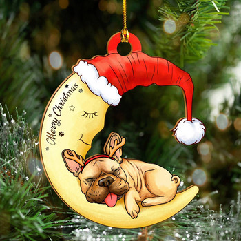Коледни орнаменти Коледно куче, седнало на луната Творческа декорация Дървена Коледа Нова година 2023 Висящи висулки #50g