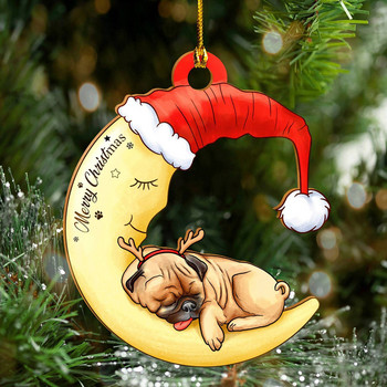 Коледни орнаменти Коледно куче, седнало на луната Творческа декорация Дървена Коледа Нова година 2023 Висящи висулки #50g