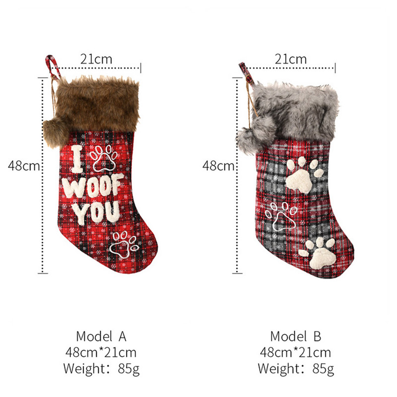Коледни чорапи Декорации Кожена яка с топка Карирана буква/кучешка лапа Семена висулка Коледен подарък Торбичка за бонбони