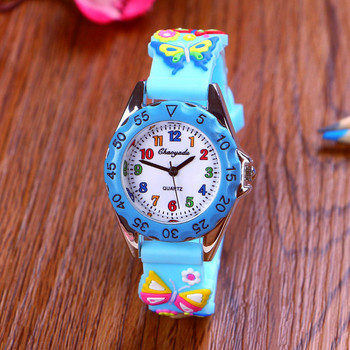 Детски часовник с кръгъл циферблат и силиконова каишка с пеперуди
