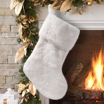 Коледен чорап за 2022 г. Големи торби за коледни подаръци Украса за камина Бели плюшени чорапи Новогодишна поставка за бонбони Коледен декор