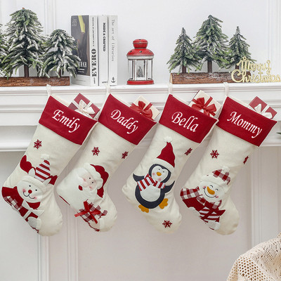 Персонализирани коледни чорапи Коледни луксозни бродирани коледни чорапи Персонализирани коледни чорапи със снежен човек на Дядо Коледа