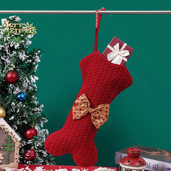 Коледен чорап за домашни любимци Плетена кучешка кокал Коледен чорап с пръстен за носене Ръчно изработен коледен чорап за куче за домашен любимец за прозорец, камина