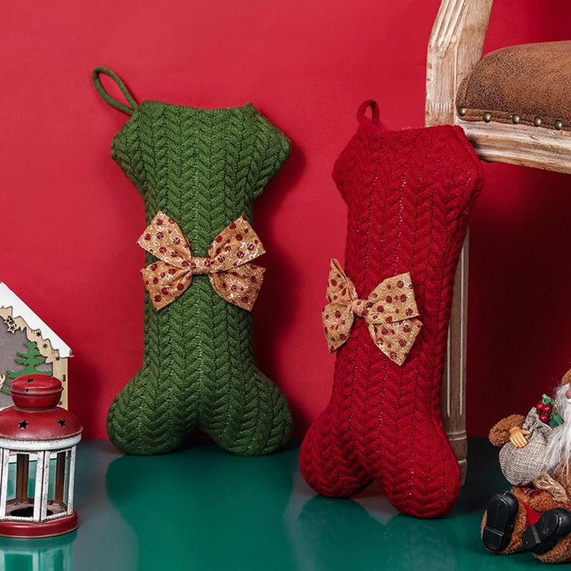 Коледен чорап за домашни любимци Плетена кучешка кокал Коледен чорап с пръстен за носене Ръчно изработен коледен чорап за куче за домашен любимец за прозорец, камина