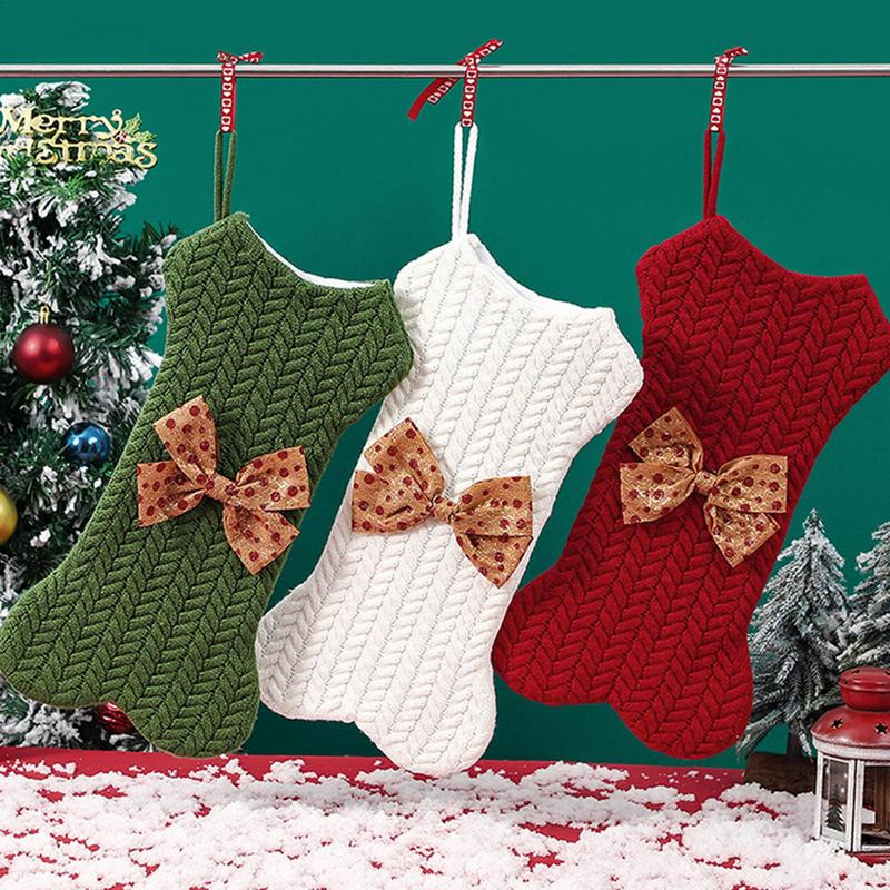 Коледен чорап за домашни любимци Плетена кучешка кокал Коледен чорап с пръстен за носене Ръчно изработен коледен чорап за куче за домашен любимец за прозорец, камина