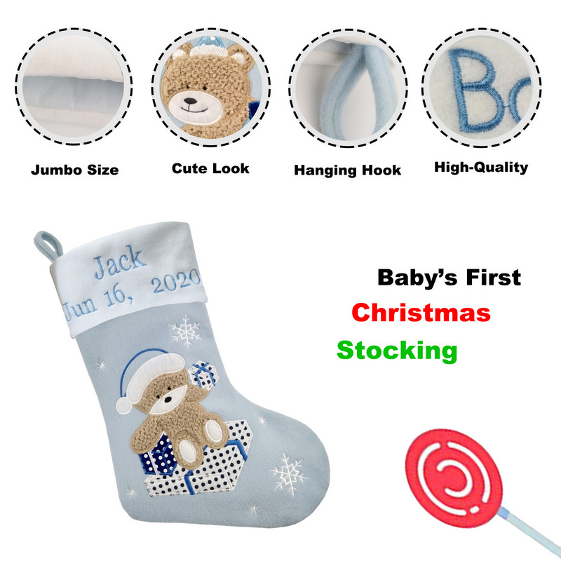 Персонализирани бебешки коледни чорапи с бродирано име и рожден ден с мече