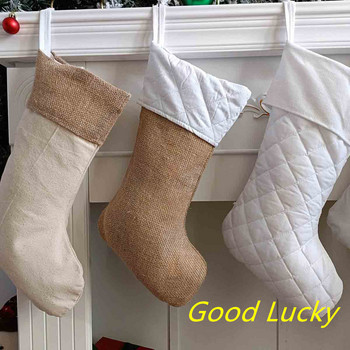 Горещи продавани коледни чорапи от ленен чул, бели ватирани чорапи за декорация на дома