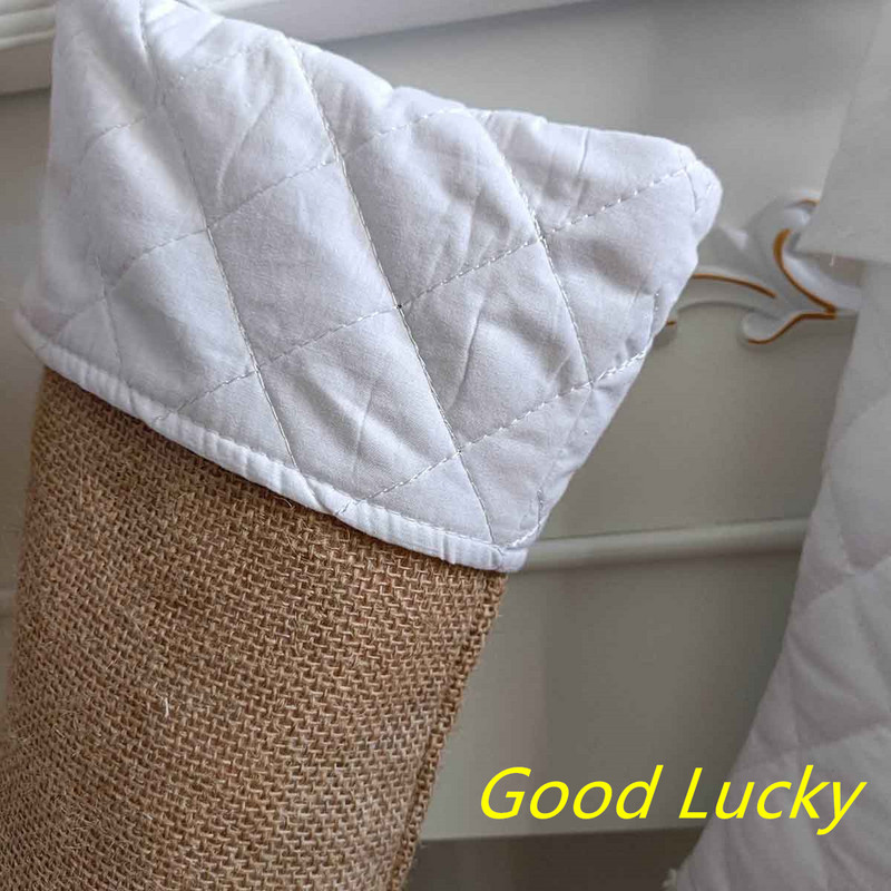 Горещи продавани коледни чорапи от ленен чул, бели ватирани чорапи за декорация на дома