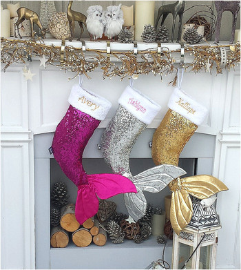 Коледни чорапи Блестящи висящи чорапи за камина с кадифен маншет за празнична декорация