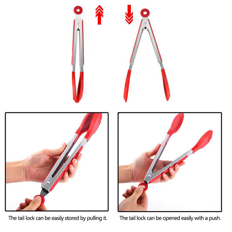 Köögitangid toiduvalmistamiseks silikoonist ümmarguse otsaga roostevabast terasest tangid Rösteri salati serveerimine BBQ Mittenakkuvad lukustustangid