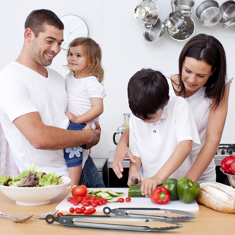 Λάβες μπάρμπεκιου 9 ιντσών λαβίδες σιλικόνης κλειδώματος κουζίνας Μαύρες ανοξείδωτες σαλάτες μαγειρικής σερβιρίσματος φαγητού Σετ σφιγκτήρες φαγητού Αξεσουάρ μπάρμπεκιου
