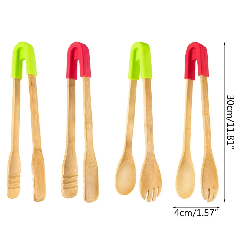 Puidust BBQ serveerimistangid Korduvkasutatavad puidust küpsetustangid silikoonkorgiga leivapihviklambriga BBQ Clip Buffet toidutangid T5EF