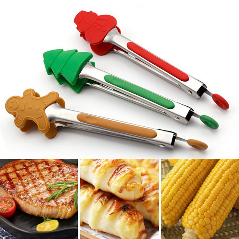 Χριστουγεννιάτικο δέντρο σιλικόνης Tong Santa Elk BBQ Ψήσιμο στη σχάρα Σαλάτα φαγητού από ανοξείδωτο ατσάλι Ψωμί Κλιπ σερβιρίσματος Μαγειρικά σκεύη κουζίνας