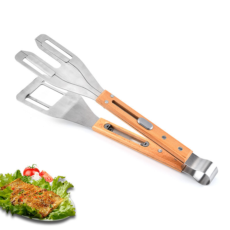 Πολυλειτουργικό SS BBQ Clip Σφιγκτήρας τροφίμων με λαβή ξύλου οξιάς Εργαλείο μπάρμπεκιου πολλαπλών χρήσεων