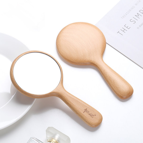 Nešiojamas medinis rankinis veidrodis