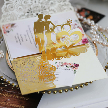 5 τμχ Κάρτα προσκλητηρίων γάμου με ευρωπαϊκή κοπή με λέιζερ 3D τριπλό διαμαντένιο δαχτυλίδι αρραβώνων Ευχετήρια κάρτα για μπομπονιέρα γάμου