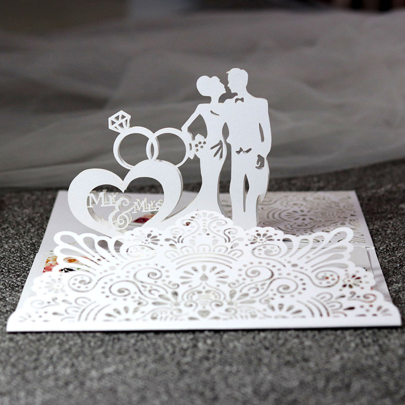 5 tk Euroopa laserlõigatud pulmakutsete kaart, 3D kolmekordne teemantsõrmus, kihlusõnnitluskaart pulmapeo teenetetarvikud