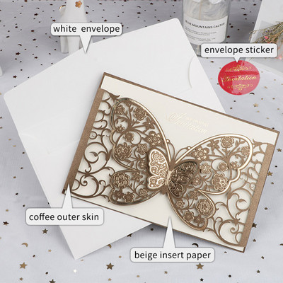 1 tk Butterfly Laser Cut Pulma Kutsekaart Õnnitluskaart Kohandatud peosoov kihlumise aastapäeva pulmadekoratsioon