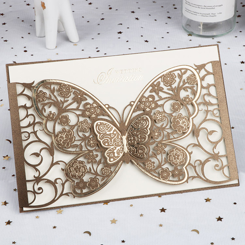 1 tk Butterfly Laser Cut Pulma Kutsekaart Õnnitluskaart Kohandatud peosoov kihlumise aastapäeva pulmadekoratsioon