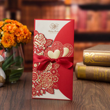 1 τεμ. Χρυσό λευκό κόκκινο με λέιζερ Προσκλητήριο γάμου Τριαντάφυλλο Love Heart Ευχετήρια κάρτα Προσαρμογή με κορδέλα Προμήθειες γάμου
