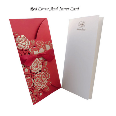 1 tk kuldne valge punane laserlõigatud pulmakutsekaart Roosi armastussüdame õnnitluskaart, mis on kohandatud lindiga pulmapeo tarvikutega