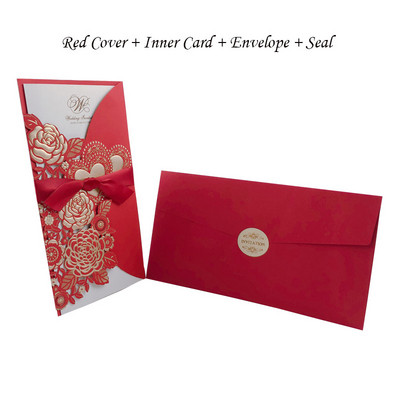 1 tk kuldne valge punane laserlõigatud pulmakutsekaart Roosi armastussüdame õnnitluskaart, mis on kohandatud lindiga pulmapeo tarvikutega