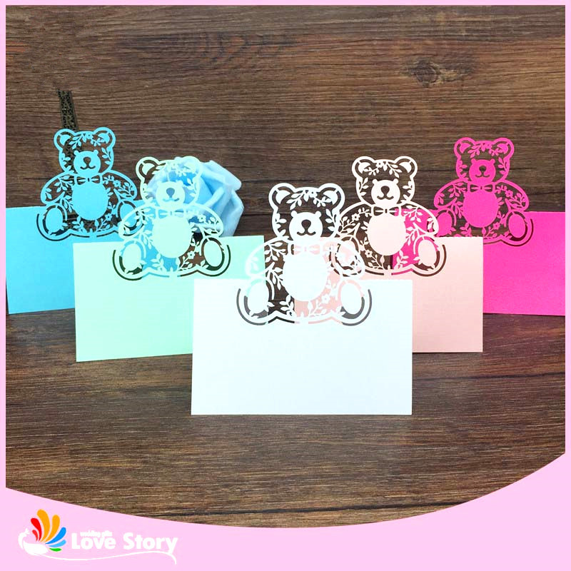 40tk Bear Laser Cut Baby Shower Sünnipäevapeo laud nimega Kohakaardid Pulmakutsed Laua nimekaartide peokaunistus