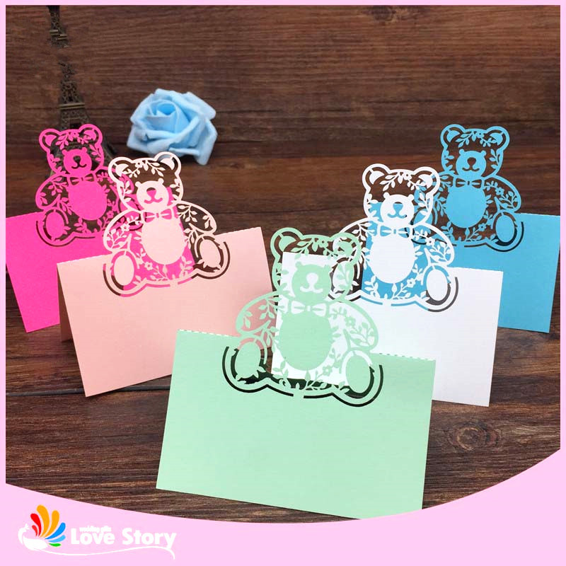 40tk Bear Laser Cut Baby Shower Sünnipäevapeo laud nimega Kohakaardid Pulmakutsed Laua nimekaartide peokaunistus
