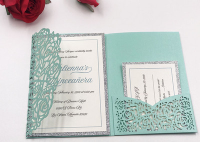 tasuta kohaletoimetamine 1X laserlõigatud kolmekordne valge roosikuldne lilleline taskuvolt Pulmakutsekaart Kutse RSVP Kohanda ümbrikut