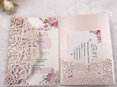 tasuta kohaletoimetamine 1X laserlõigatud kolmekordne valge roosikuldne lilleline taskuvolt Pulmakutsekaart Kutse RSVP Kohanda ümbrikut
