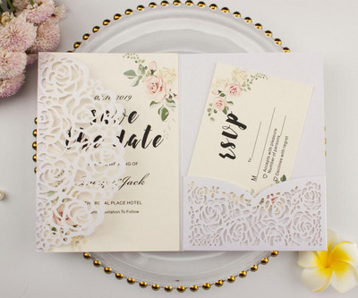 tasuta kohaletoimetamine 1X laserlõigatud kolmekordne valge roosikuldne lilleline taskuvolt Pulmakutsekaart Kutse RSVP Kohanda ümbrikut