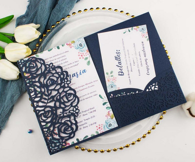 tasuta kohaletoimetamine 1X laserlõigatud kolmekordne valge roosikuldne lilleline taskuvolt Pulmakutsekaart Kutse RSVP Kohanda ümbrikut