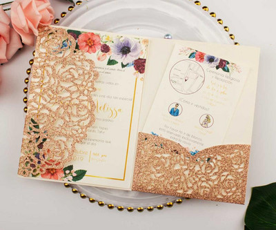 tasuta kohaletoimetamine 1X laserlõigatud kolmekordne valge roosikuldne lilleline taskuvolt Pulmakutsekaart Kutse RSVP Kohanda ümbrikut
