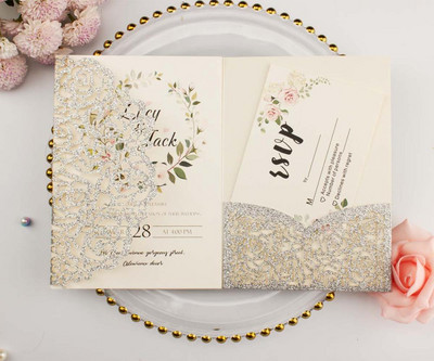 tasuta kohaletoimetamine 1X laserlõigatud kolmekordne valge roosikuldne lilleline taskuvolt Pulmakutsekaart Kutse RSVP Kohanda ümbrikut