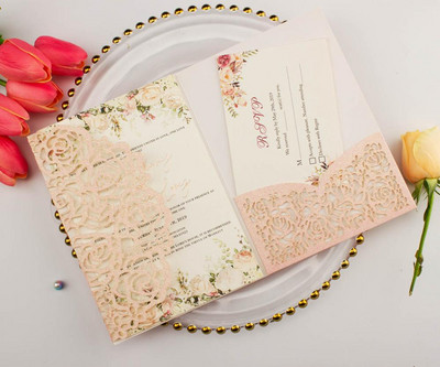 tasuta kohaletoimetamine 1X laserlõigatud kolmekordne valge roosikuldne lilleline taskuvolt Pulmakutsekaart Kutse RSVP Kohanda ümbrikut