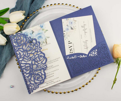 tasuta kohaletoimetamine 1X laserlõigatud kolmekordne valge roosikuldne lilleline taskuvolt Pulmakutsekaart Kutse RSVP Kohanda ümbrikut