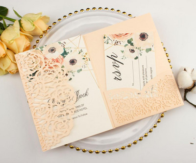 tasuta kohaletoimetamine 1X laserlõigatud kolmekordne valge roosikuldne lilleline taskuvolt Pulmakutsekaart Kutse RSVP Kohanda ümbrikut