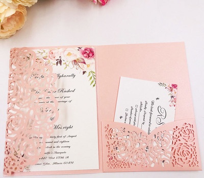 tasuta kohaletoimetamine 1X laserlõigatud kolmekordne valge roosikuldne lilleline taskuvolt Pulmakutsekaart Kutse RSVP Kohanda ümbrikut