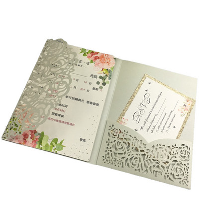 tasuta kohaletoimetamine 1X laserlõigatud kolmekordne valge roosikuldne lilleline taskuvolt Pulmakutsekaart Kutse RSVP Kohanda ümbrikut