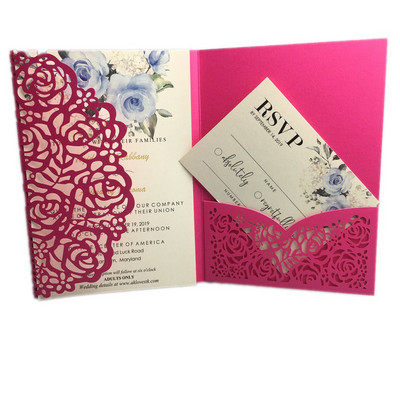 tasuta kohaletoimetamine 1X laserlõigatud kolmekordne valge roosikuldne lilleline taskuvolt Pulmakutsekaart Kutse RSVP Kohanda ümbrikut