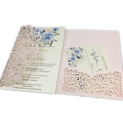 tasuta kohaletoimetamine 1X laserlõigatud kolmekordne valge roosikuldne lilleline taskuvolt Pulmakutsekaart Kutse RSVP Kohanda ümbrikut