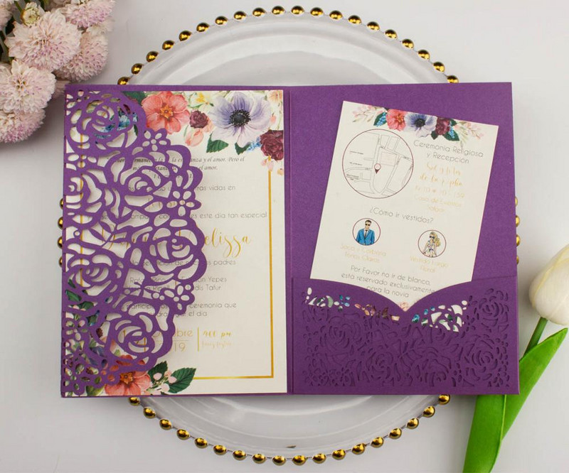 tasuta kohaletoimetamine 1X laserlõigatud kolmekordne valge roosikuldne lilleline taskuvolt Pulmakutsekaart Kutse RSVP Kohanda ümbrikut