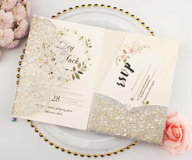 tasuta kohaletoimetamine 1X laserlõigatud kolmekordne valge roosikuldne lilleline taskuvolt Pulmakutsekaart Kutse RSVP Kohanda ümbrikut